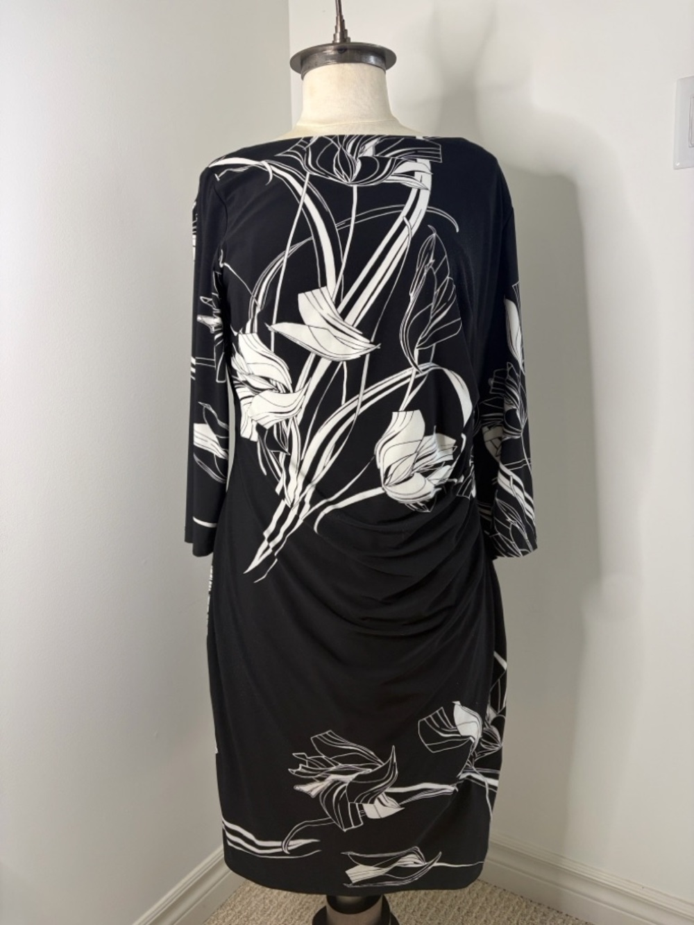 Anne Klein Black and White Floral Midi Dress with Draped Side - Picture 1 of 11